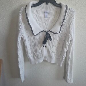 Y2K Cut Away Knit Cardigan Women's Size S White w/ Black Lace Trim Doll Core